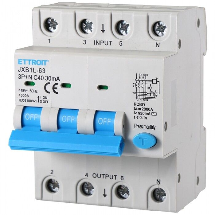 magnetotermico differenziale ettroit jxb1l-63 3p+n c40 30ma 4,5ka