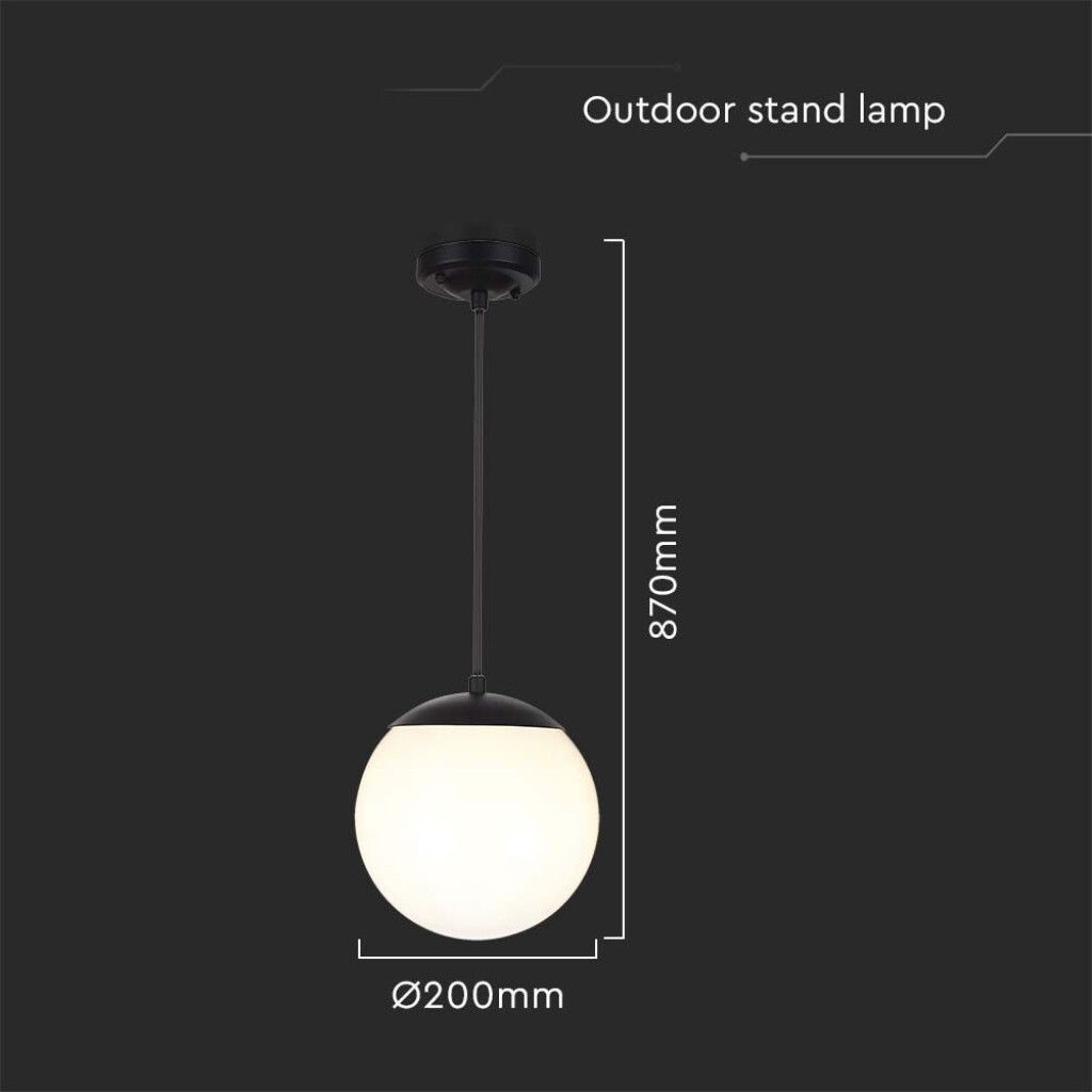lampada a sospensione v-tac vt-1226 e27 ip44 nero opaco con globo opale - dettaglio 3