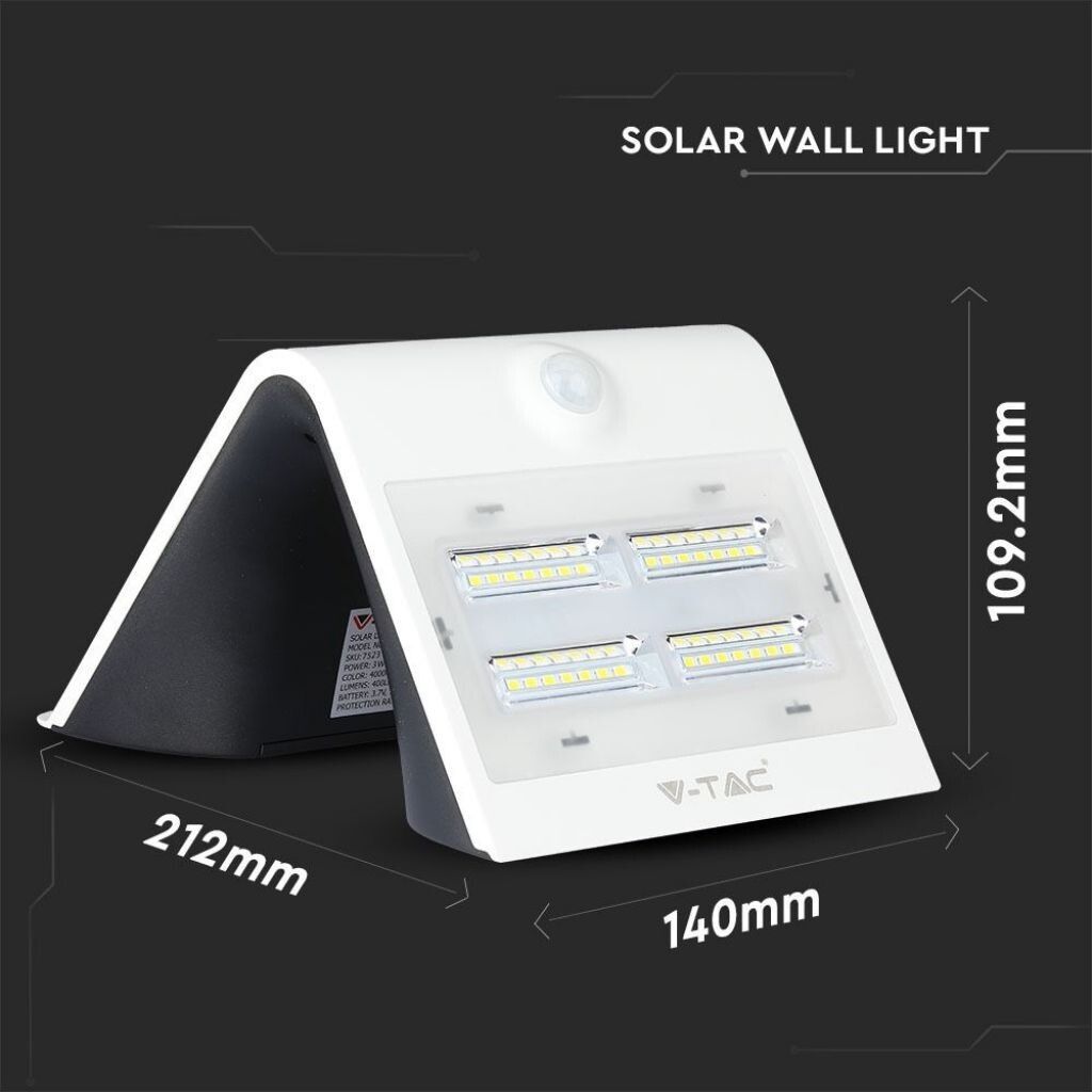 lampada solare led da parete v-tac vt-768 3w con sensore pir ip65 - dettaglio 3
