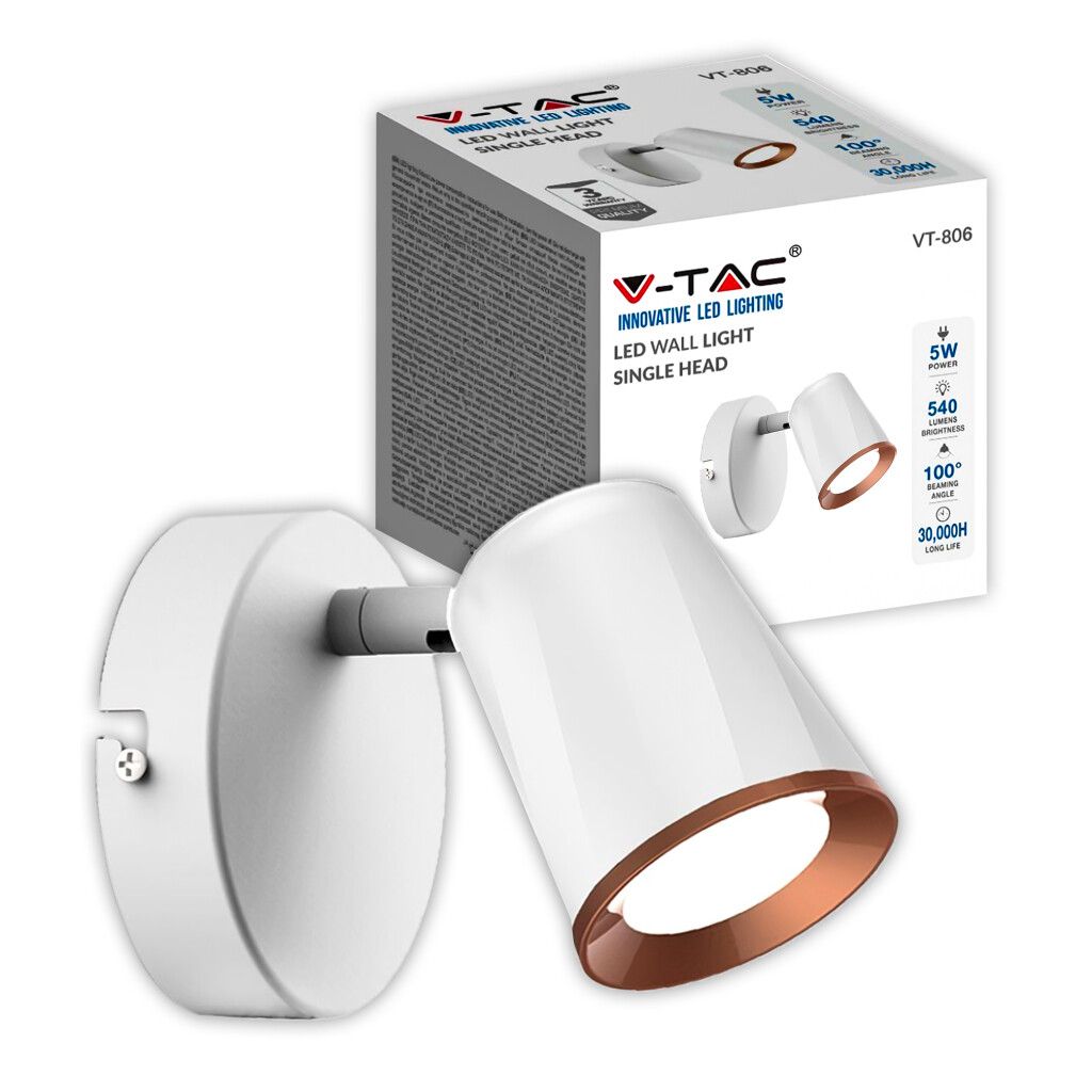 applique led v-tac vt-806-w-n 5w bianca 3000k orientabile