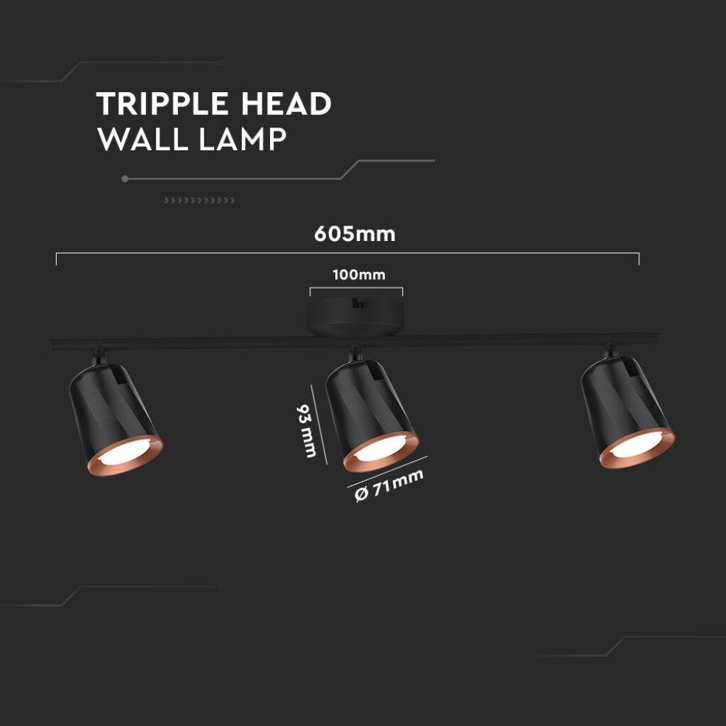 applique led v-tac vt-818-b-n tripla orientabile nera 3000k 15w - dettaglio 3