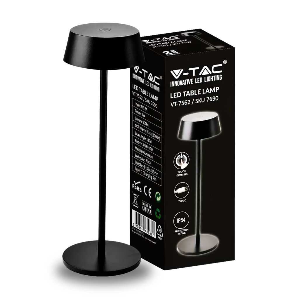 lampada led da tavolo v-tac vt-7562-b 2w nera ricaricabile touch dimmerabile ip54
