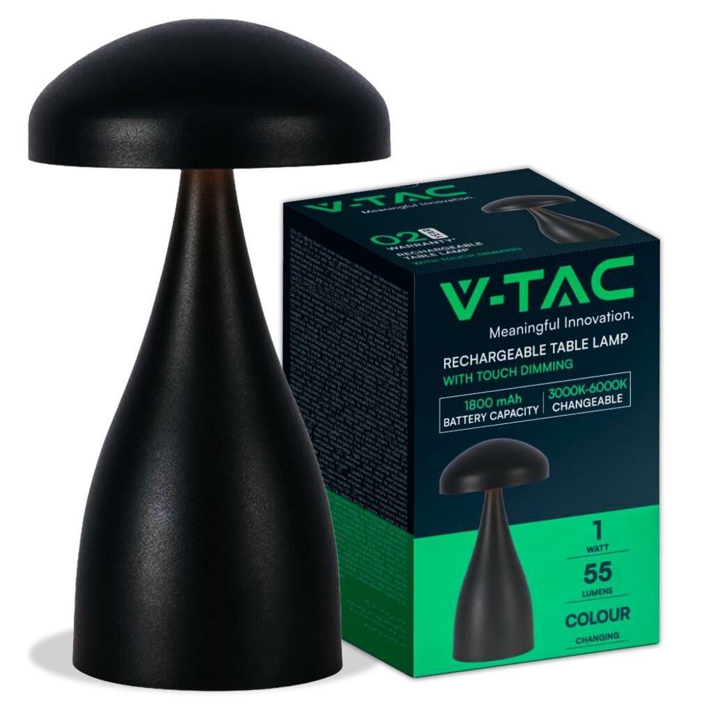 lampada led da tavolo ricaricabile v-tac vt-1041 nera 1w touch dimmerabile 3 in 1
