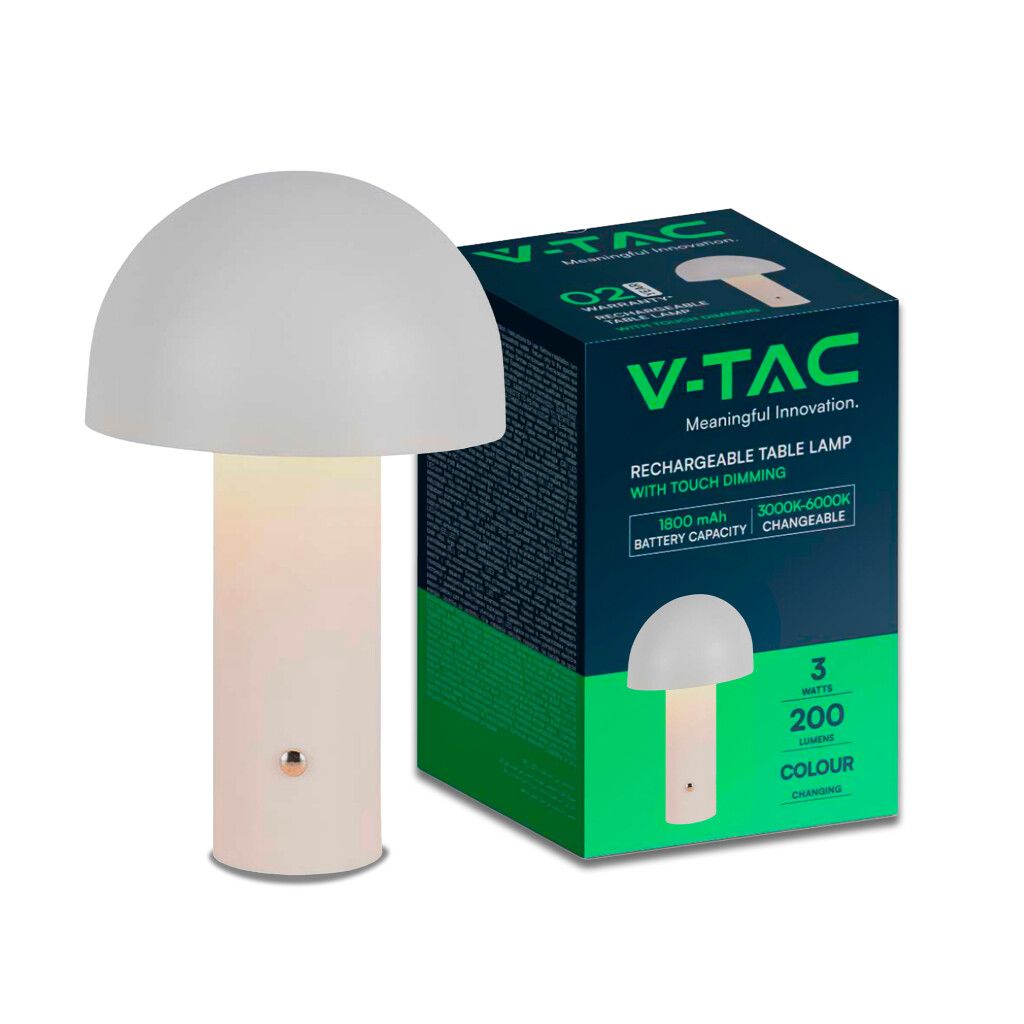 lampada led da tavolo v-tac vt-1047-w 3w ricaricabile touch 3in1 bianca