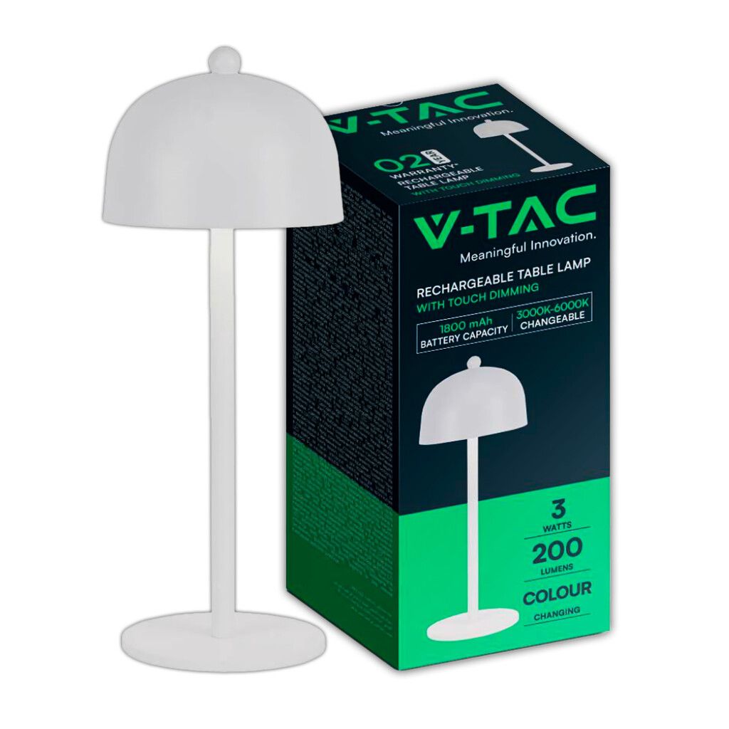 lampada led da tavolo v-tac vt-1052-w 3w ricaricabile touch 3in1 bianca