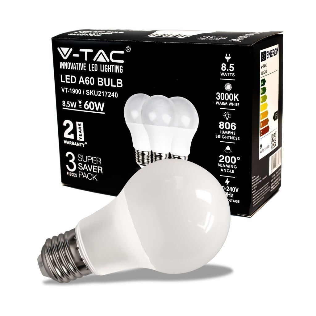 lampadina led v-tac vt-1900 e27 a60 8,5w 3000k 3 pezzi