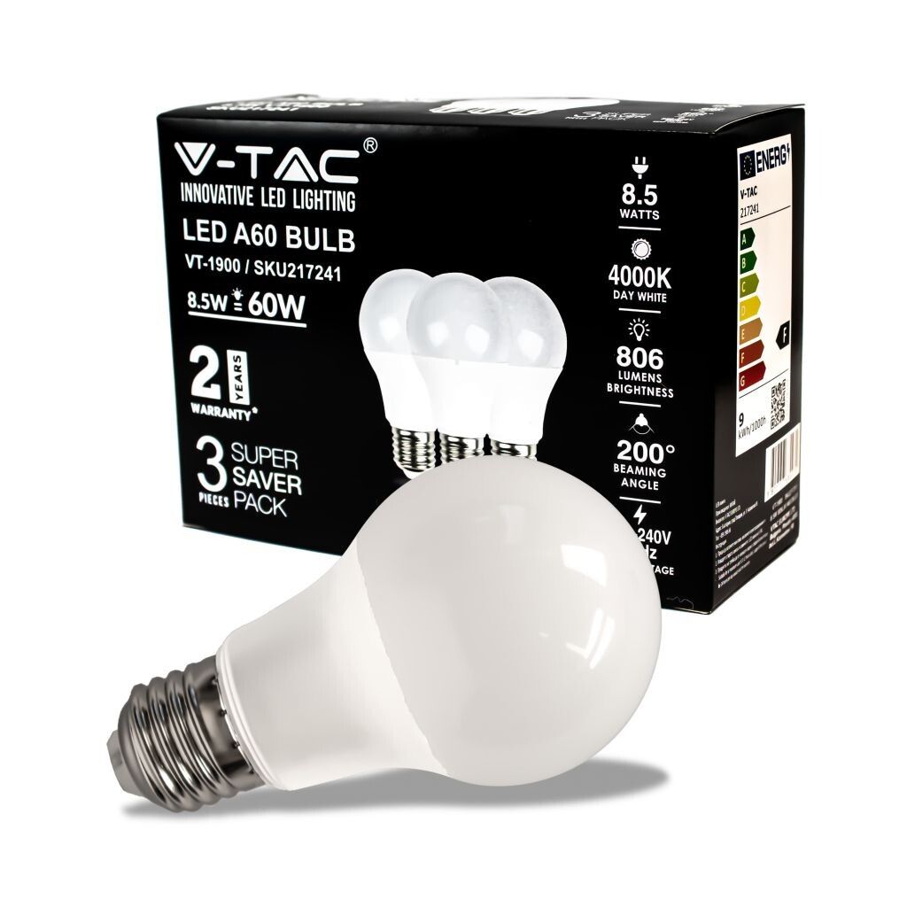 lampadina led e27 v-tac vt-1900 8,5w a60 4000k box 3 pezzi