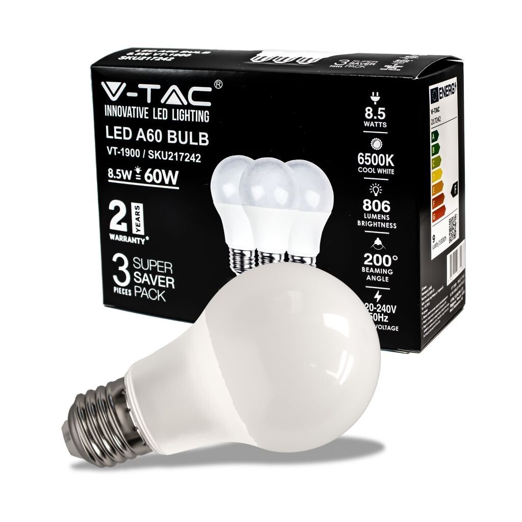 lampadina led e27 v-tac vt-1900 8,5w a60 6500k box 3 pezzi
