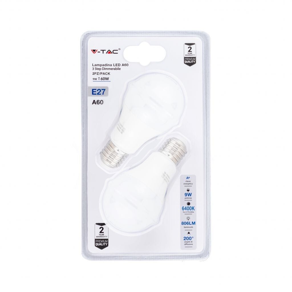 lampadina led v-tac vt-2129 e27 9w a60 3 step dimmerabile 6400k 2 pezzi