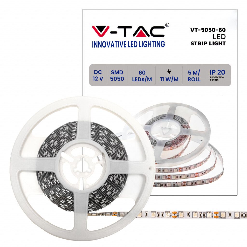 striscia led v-tac vt-5050 60-ip20-11 blu 12v 11w/m 5m