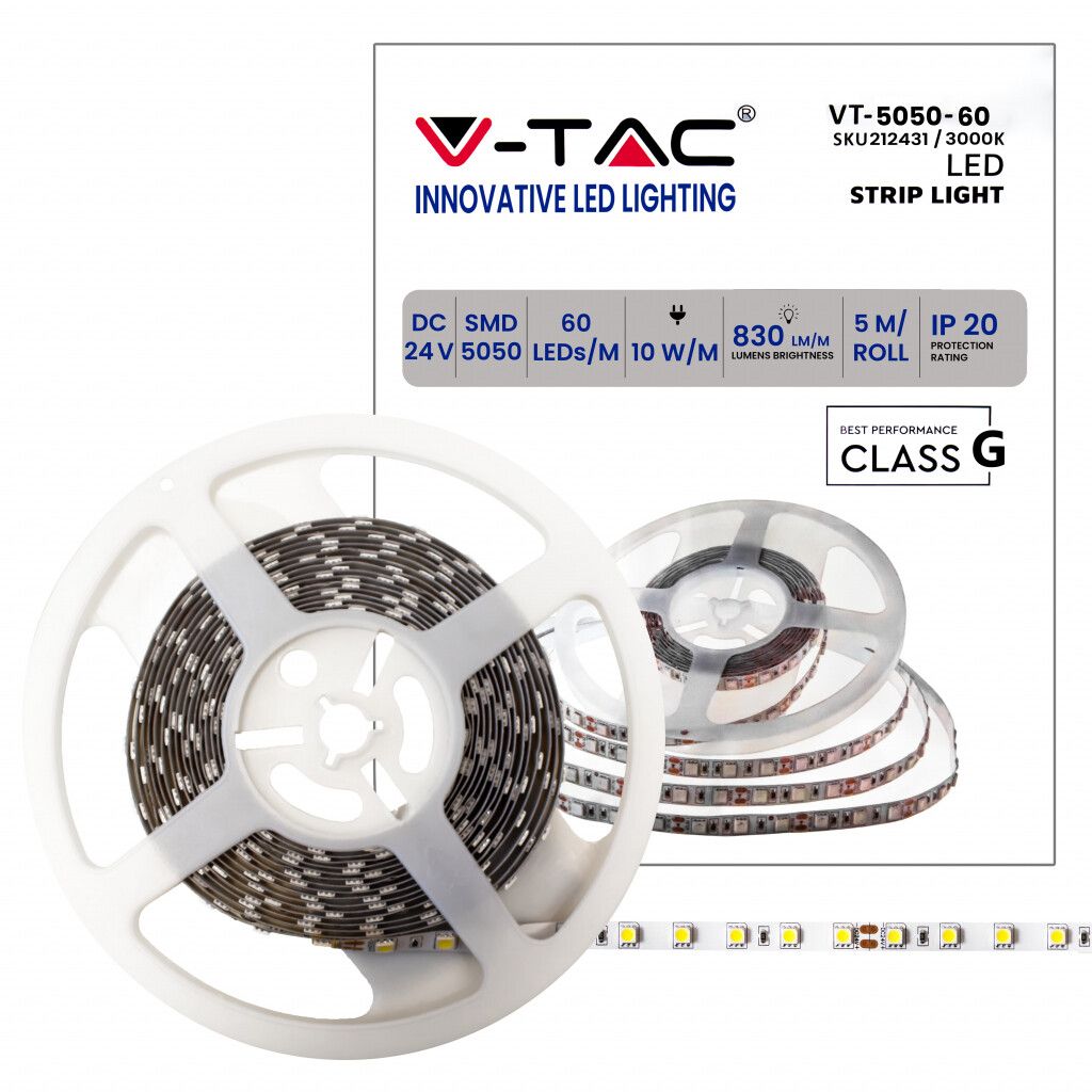 striscia led v-tac vt-5050-60 24v 10w/m 3000k ip20 5m