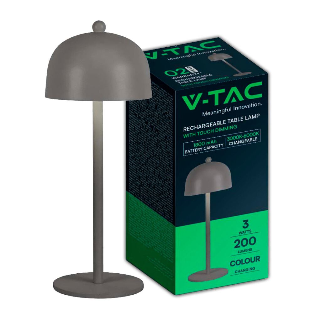 lampada led da tavolo v-tac vt-1052-g 3w ricaricabile touch grigia 3in1