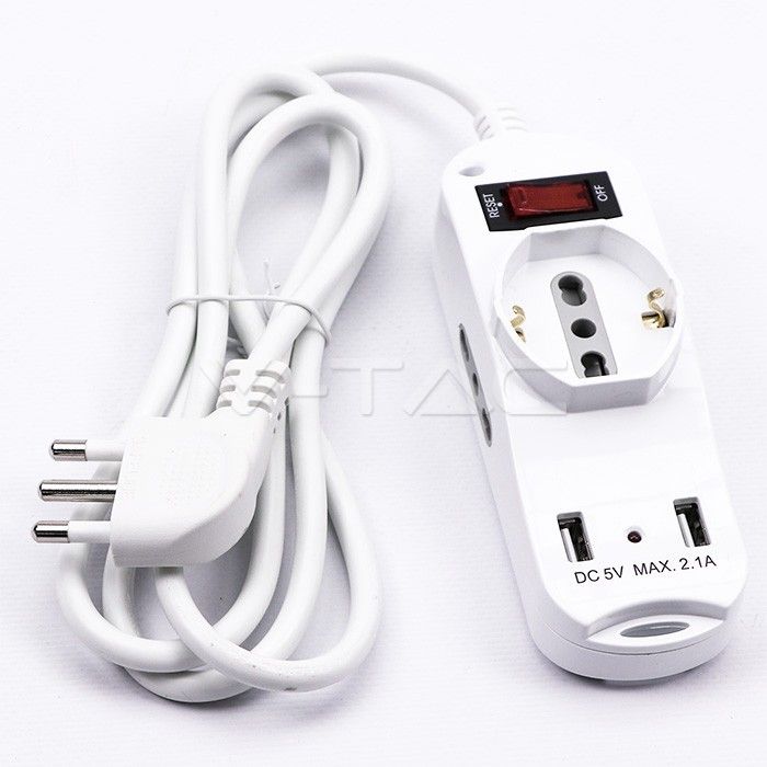 multipresa v-tac sku 8745 con 3 prese, usb e protezione sovraccarico