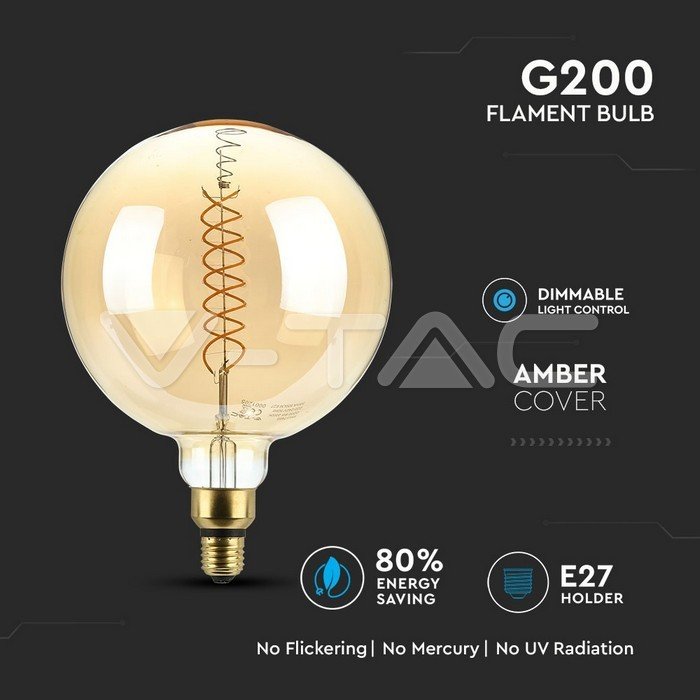 lampadina led a filamento v-tac vt-2158d g200 e27 8w dimmerabile 2000k - dettaglio 3