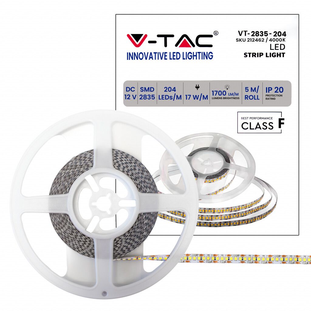 striscia led v-tac vt-2835 204-ip20-n 17w/m 4000k 5m
