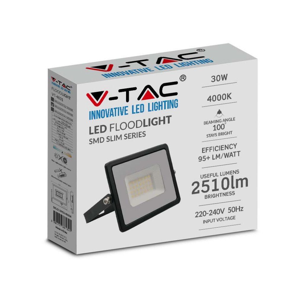 faro led v-tac vt-4031b-n 30w nero 6500k ip65 - dettaglio 2