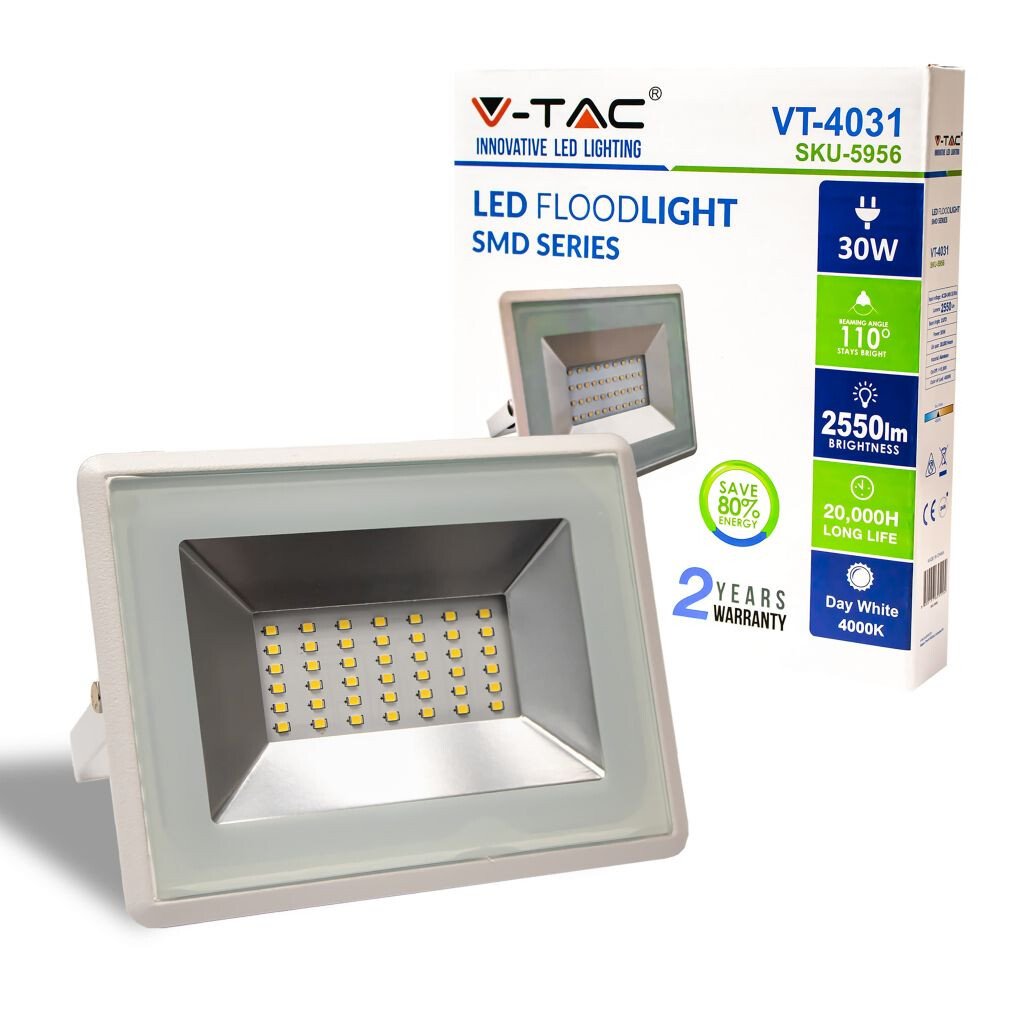 faro led da esterno v-tac vt-4031w-n 30w 4000k ip65 bianco