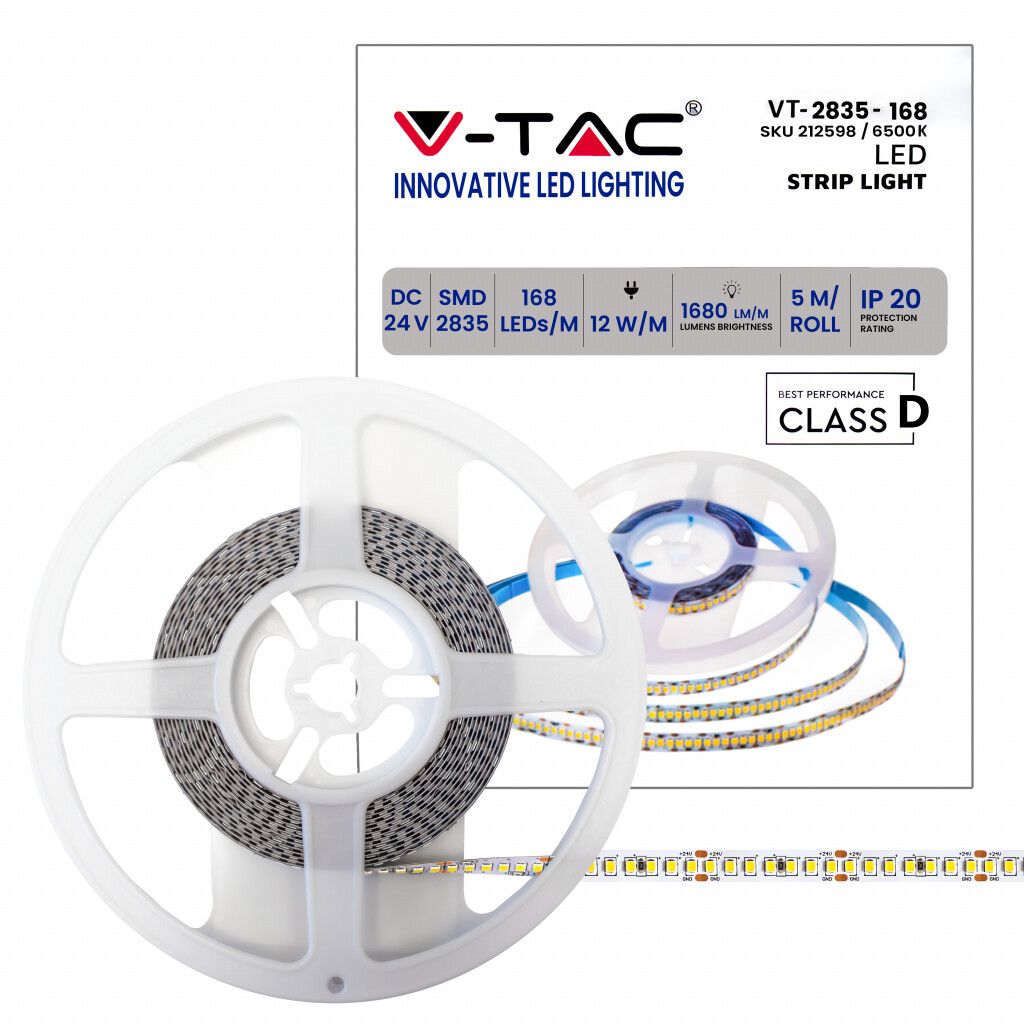 striscia led v-tac vt-2835-168 12w/m 24v 6500k ip20 ad alta luminosità
