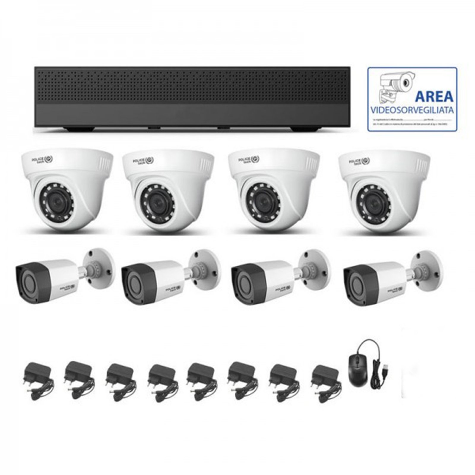 Kit Videosorveglianza CCTV 8 Canali 1080P - Con 4 Telecamere Esterno 2MP, DVR H.265+, Allarme Email
