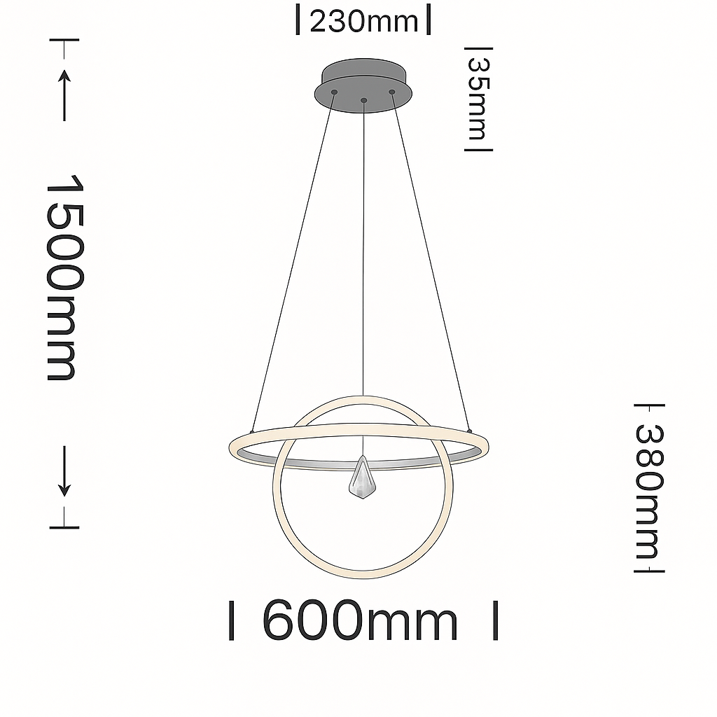 lampadario led universo a52 a 2 anelli con cristallo centrale 70w - dettaglio 2
