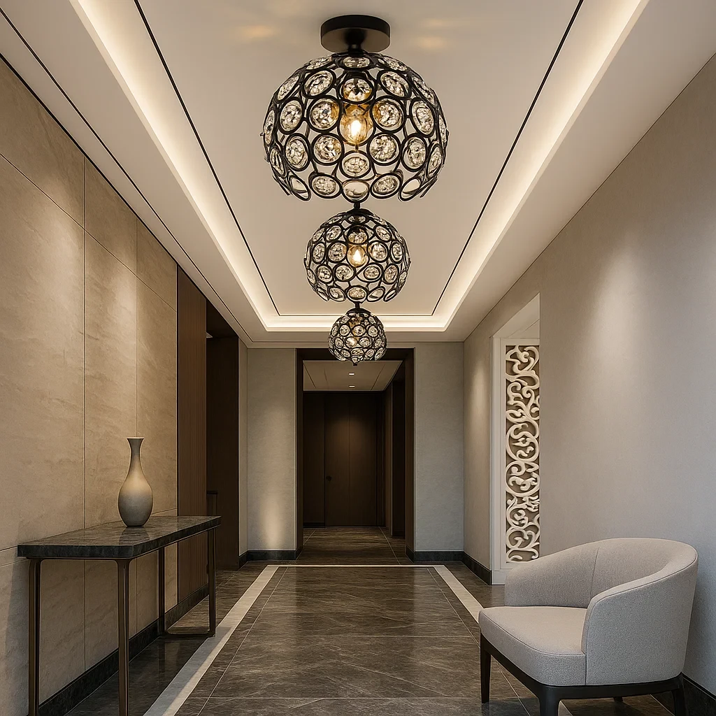 lampadario universo c23-n a soffitto con sfere in cristallo e attacco e27 nero