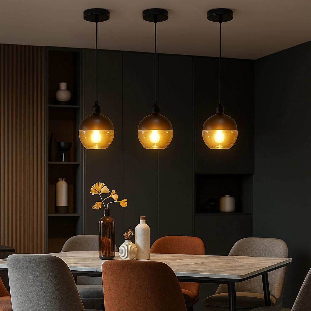 lampadario a sospensione universo lp-12-n e27 vetro ambrato