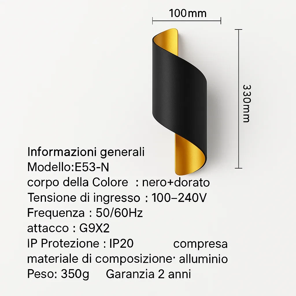 applique da interno universo e53-n nero e oro con 2 attacchi g9 - dettaglio 2