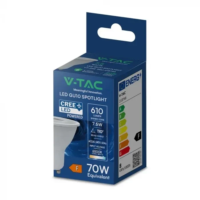 faretto led gu10 v-tac vt-292 cree 7,5w 6500k 110° - dettaglio 2