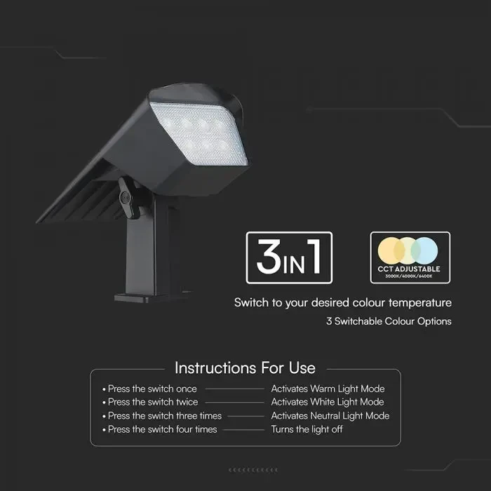 faretto solare led vtac 3 colori vt-10183 1,3w cct ip65 nero - dettaglio 3