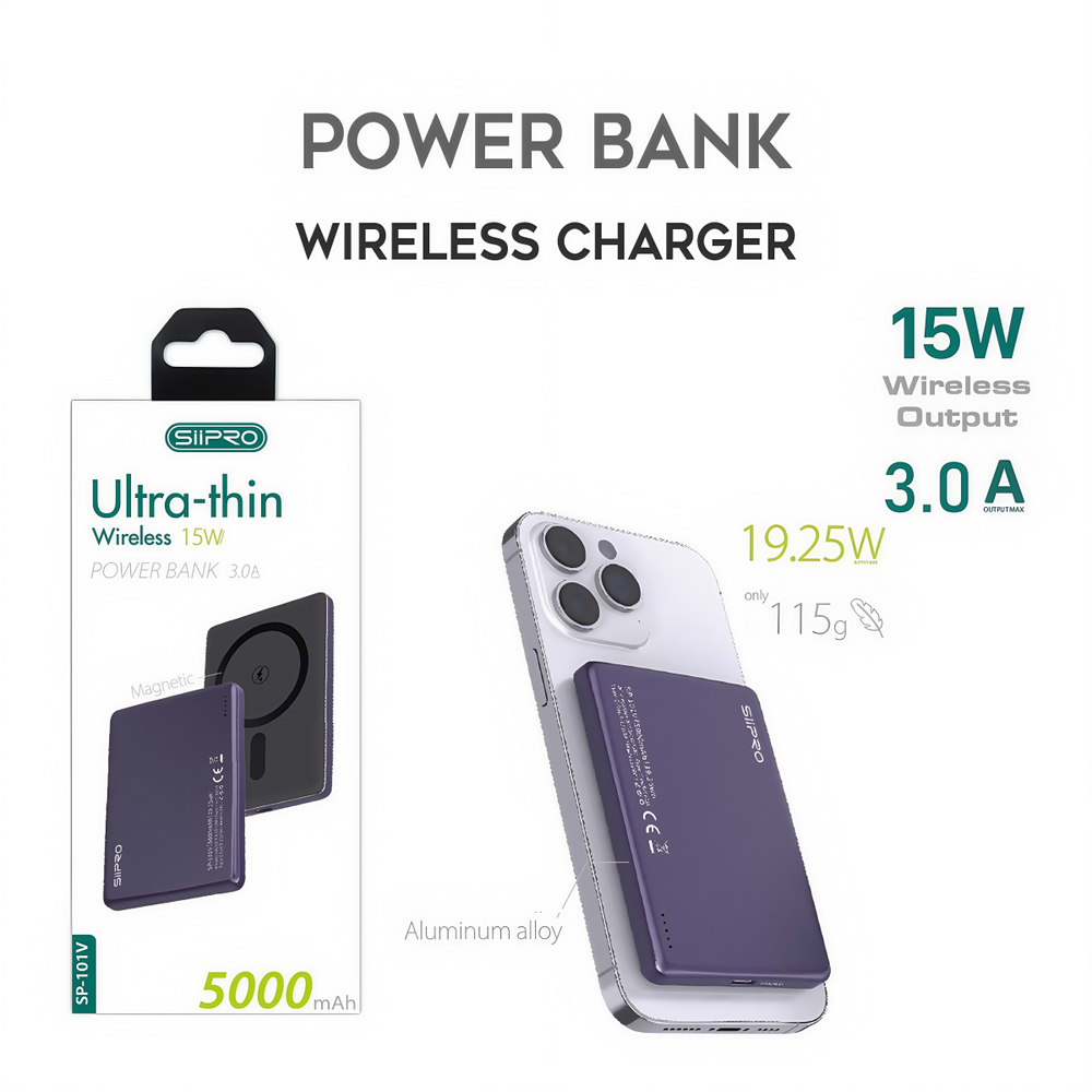 power bank magnetico siipro sp-101v ultrasottile 5000 mah con ricarica wireless 15 w - dettaglio 2