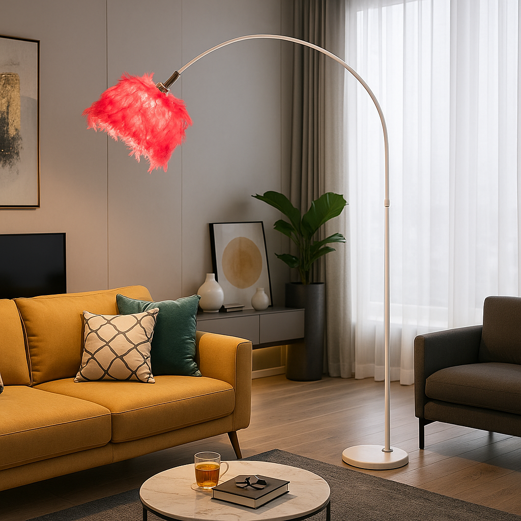lampada da terra universo d26-rs e27 con paralume rosa in piuma