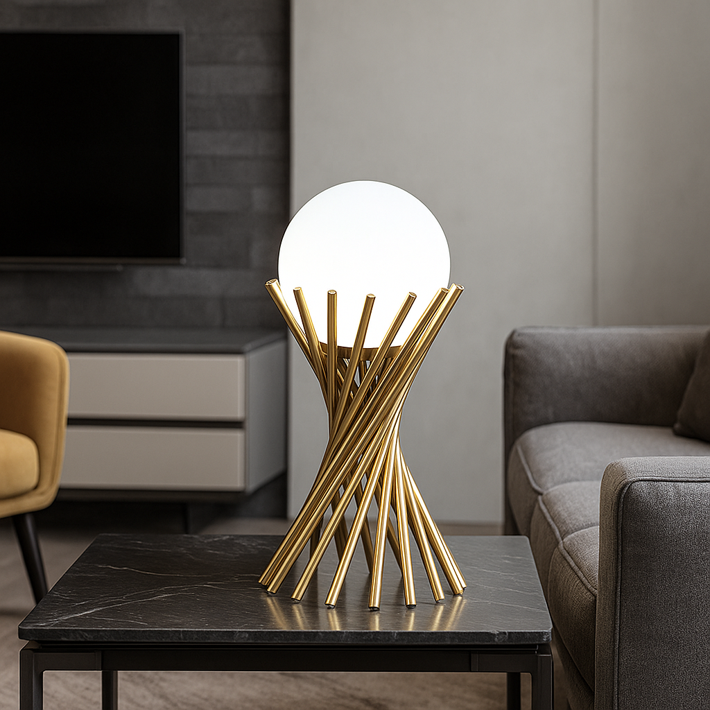 lampada da tavolo universo d32 g9 oro con sfera in vetro