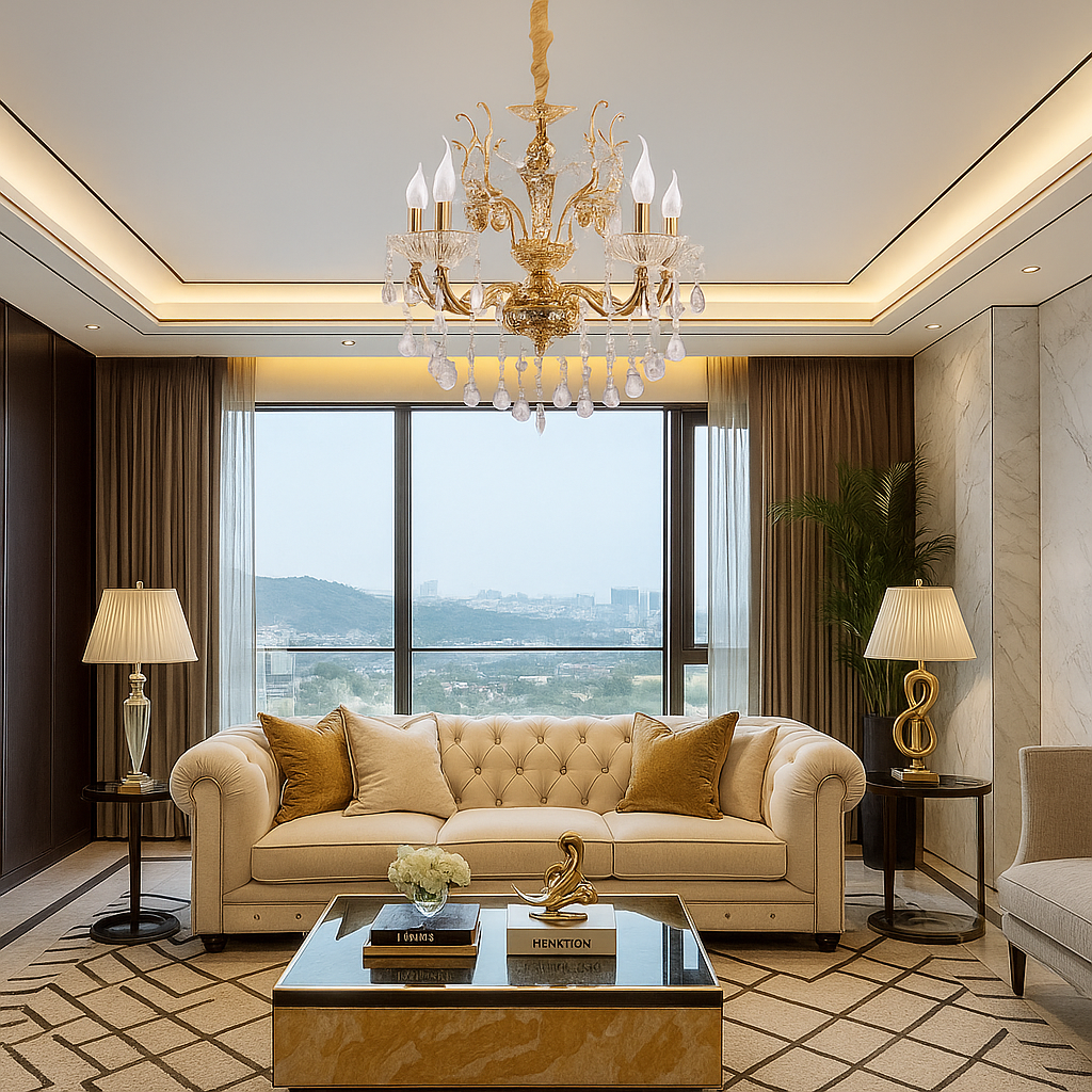 lampadario universo classico oro 5 luci e14 con pendenti in vetro