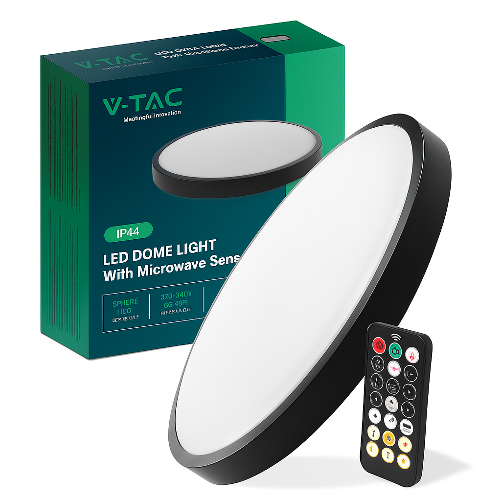 plafoniera led v-tac vt-8618s 18w con sensore microonde e telecomando nera 4000k ip44