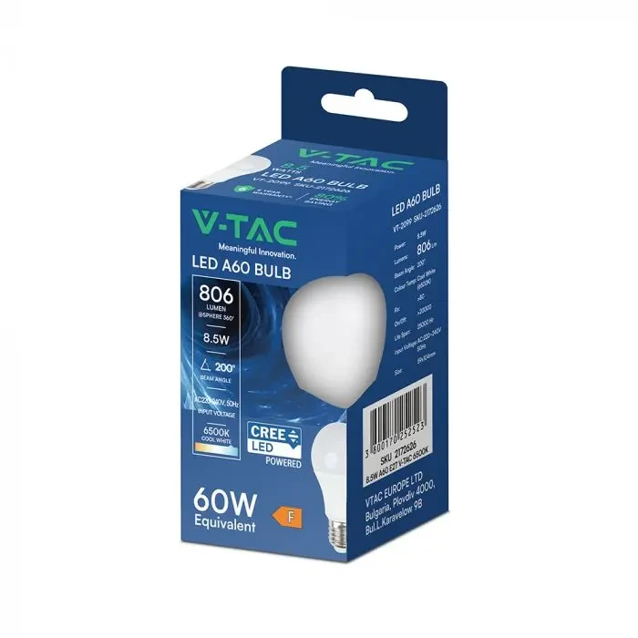lampadina led v-tac vt-2099 cree e27 8,5w 6500k a60 - dettaglio 2