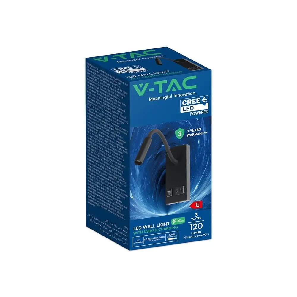 applique led v-tac vt-88064 3w 3000k con usb e usb-c - dettaglio 3