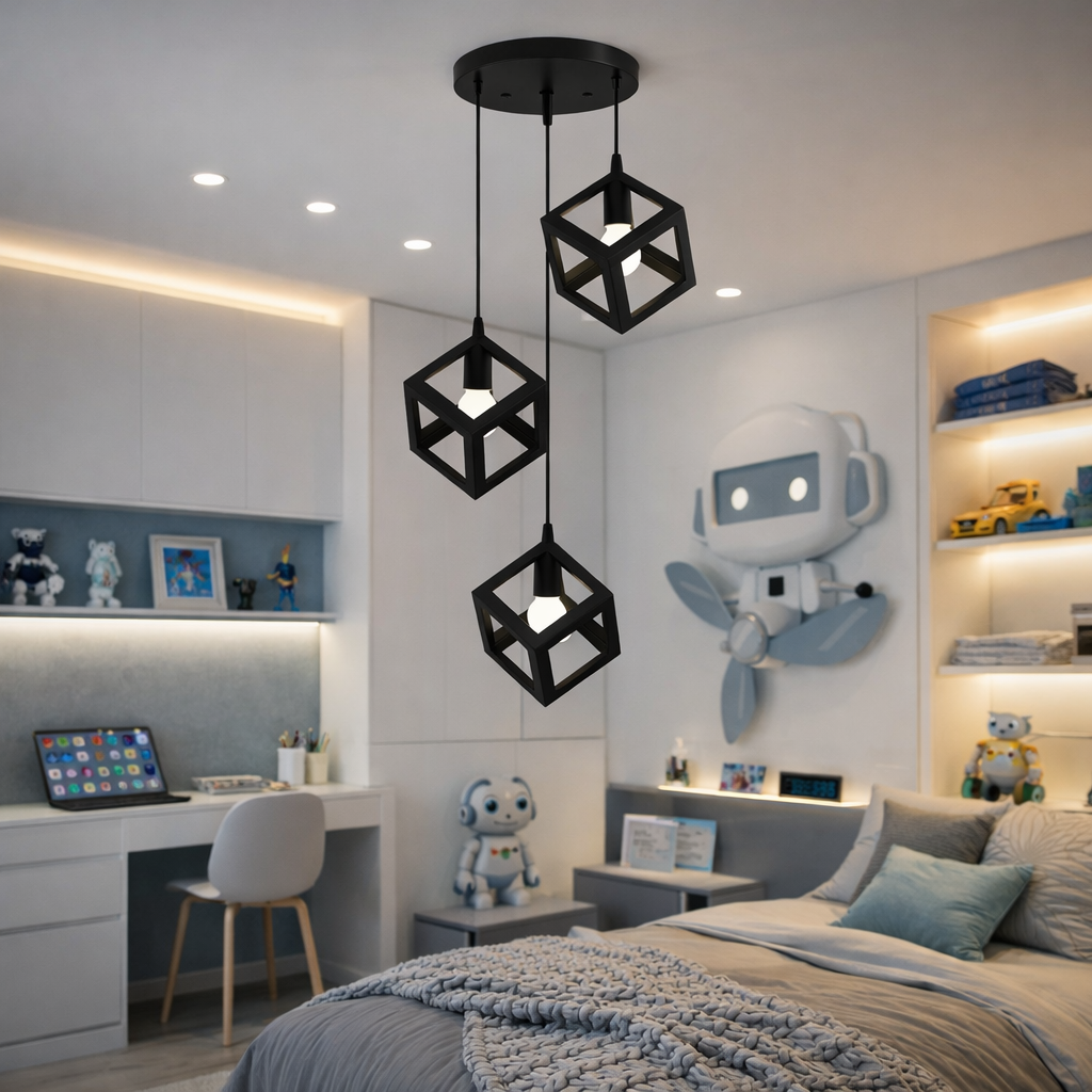 lampadario a sospensione universo lp-47n nero a 3 luci con cubi geometrici
