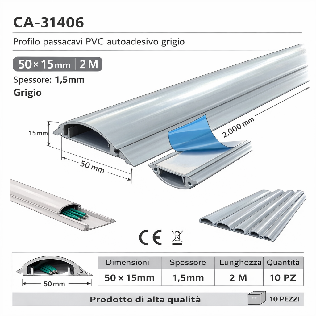 canalina passacavi adesiva grifi ca-31406 in pvc grigio 50x15 mm 2 m - dettaglio 2