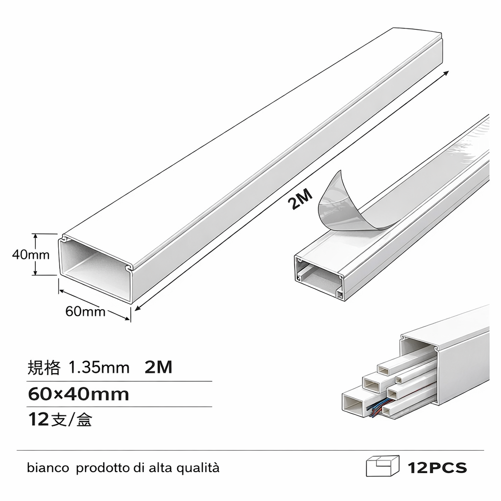 3 pz canalina passacavi grifi ca-31350 in pvc 60x40 mm adesiva bianca - dettaglio 2