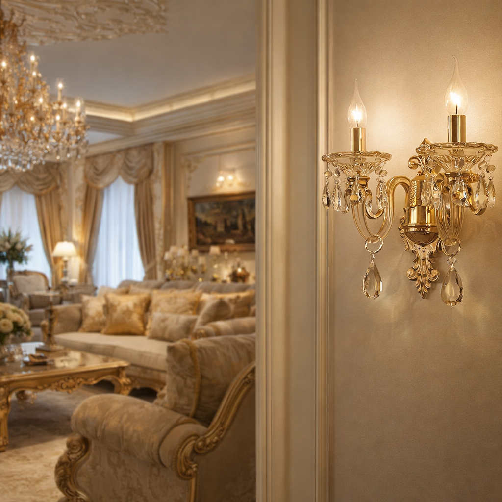 applique da interno vivalamp 2 luci oro con pendagli decorativi