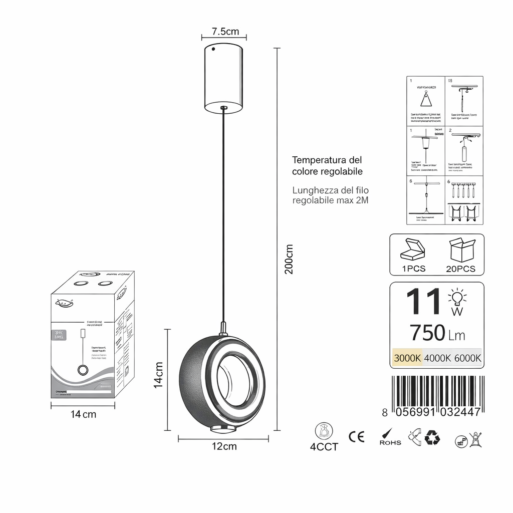 lampadario a sospensione led grifi 3 colori lp027 circolare 11w cct - dettaglio 2