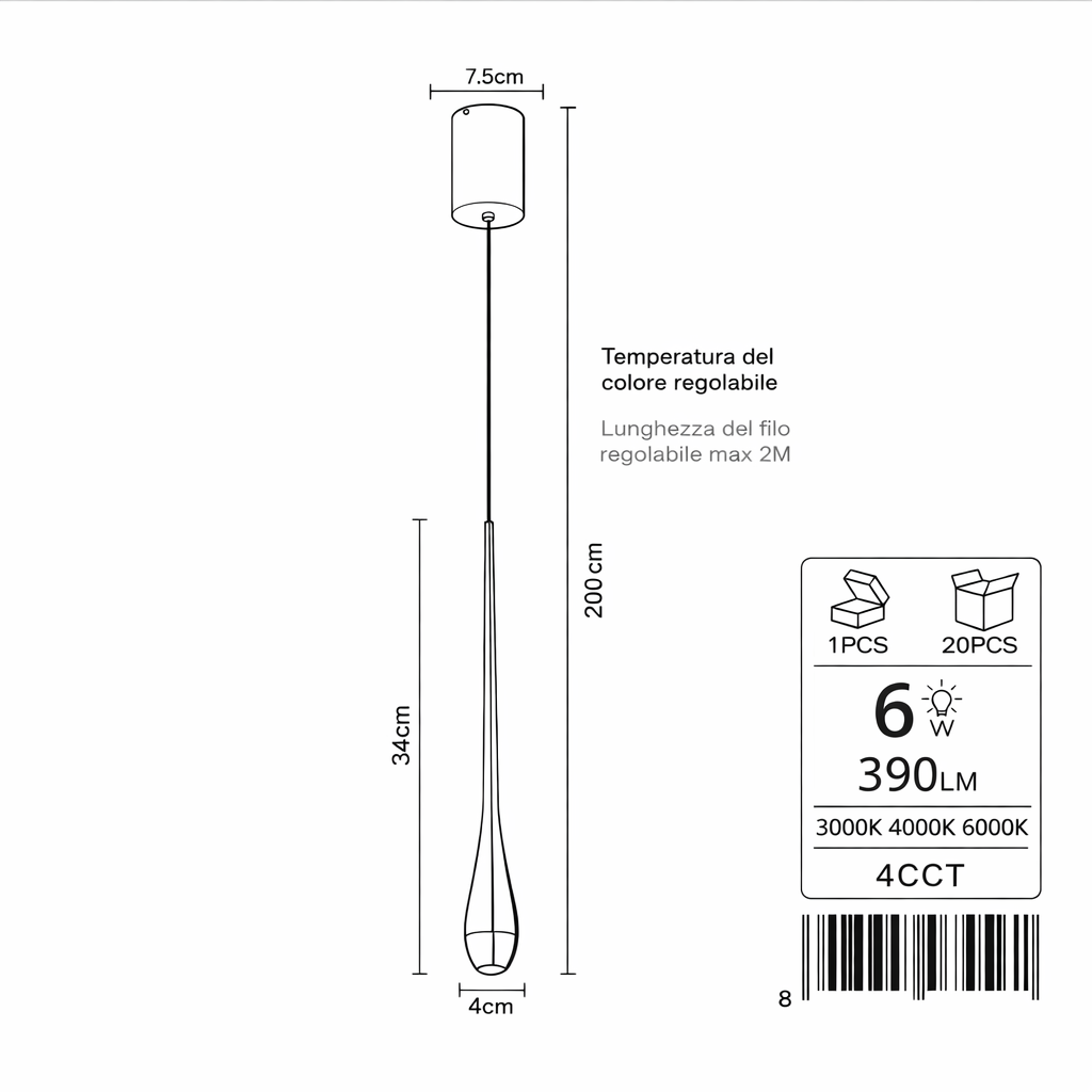 lampadario a sospensione led grifi 3 colori lp028 6w cct nero - dettaglio 3