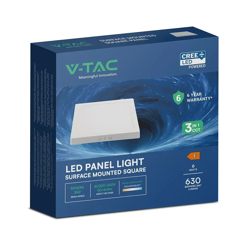 plafoniera led quadrata vtac 3 colori vt-60006cct 6w cct