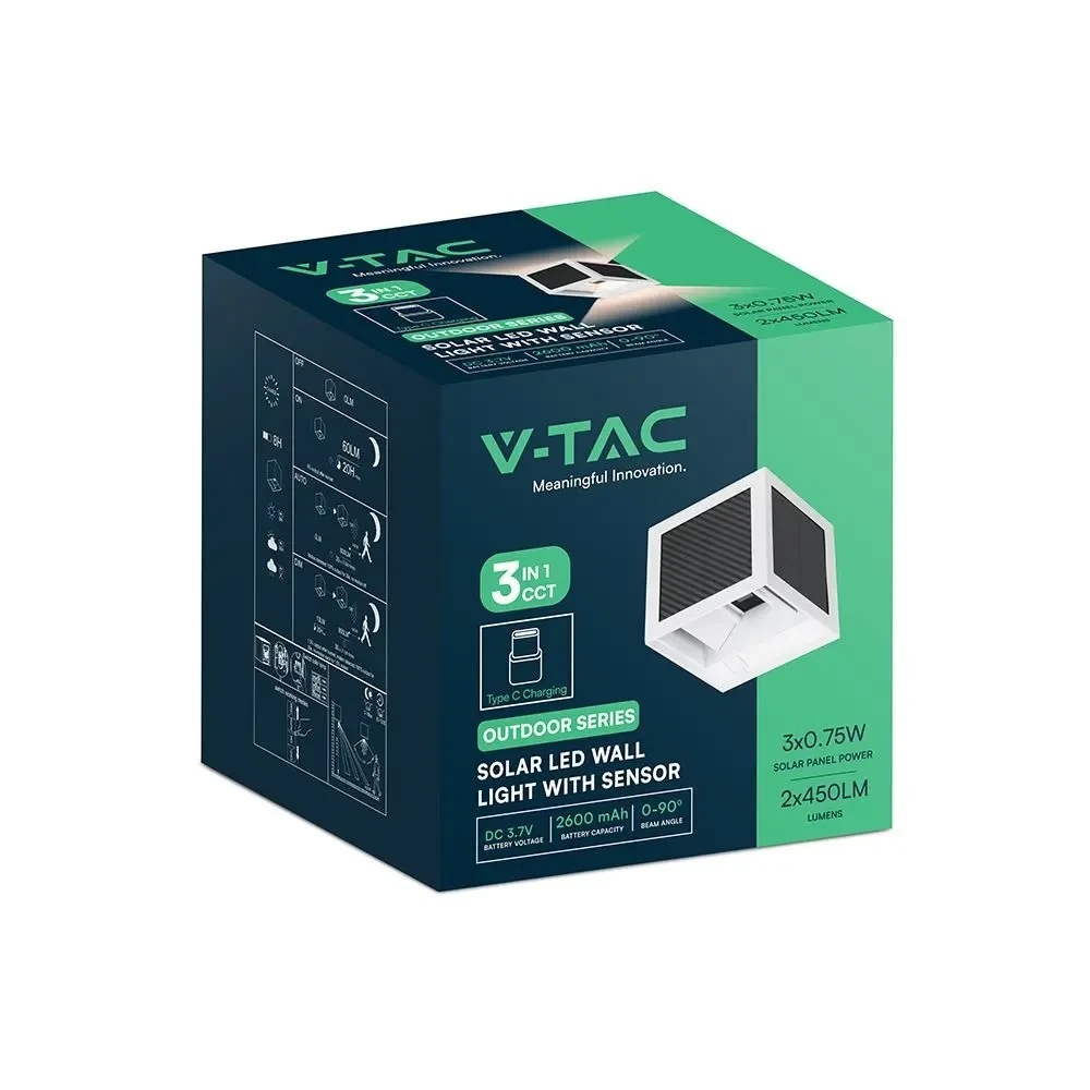 applique solare led vtac vt-408cct 9w cct bianca con sensore pir - dettaglio 2
