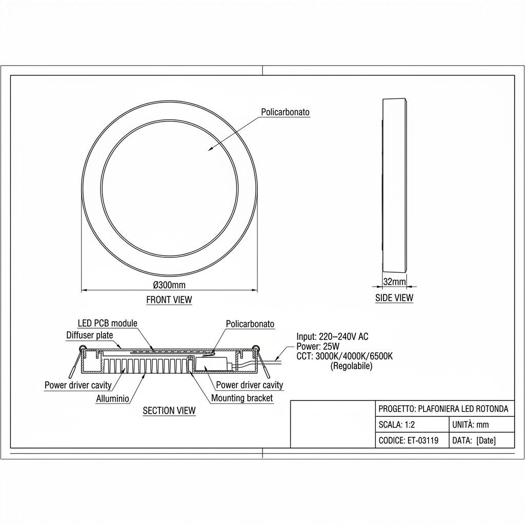 pannello led rotondo da superficie grifi 3 colori et-03116 6w 3cct - dettaglio 2