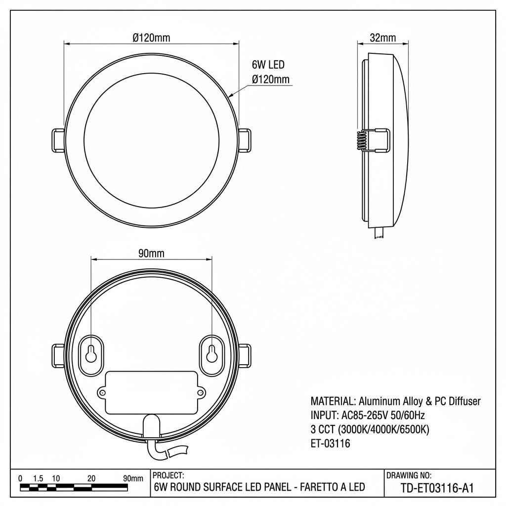 pannello led rotondo da superficie grifi 3 colori et-03116 6w 3cct - dettaglio 3
