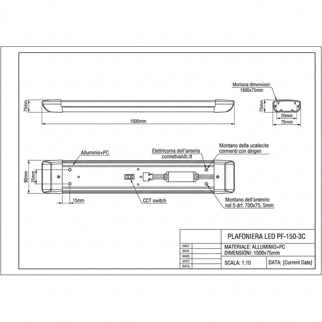plafoniera led slim universo 3 color pf-150-3c 72w cct 150 cm - dettaglio 2