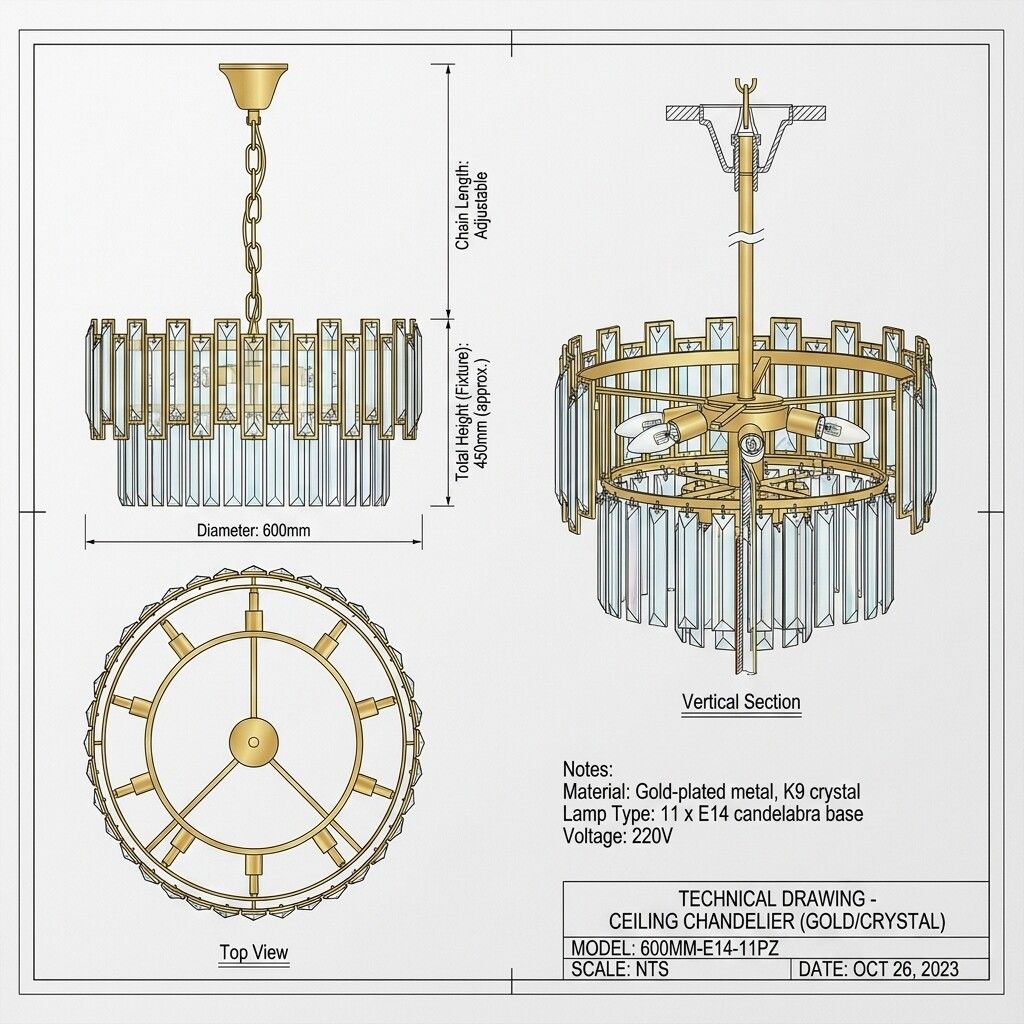 lampadario vivalamp 600mm-e14-11pz oro e cristallo 11 luci - dettaglio 3