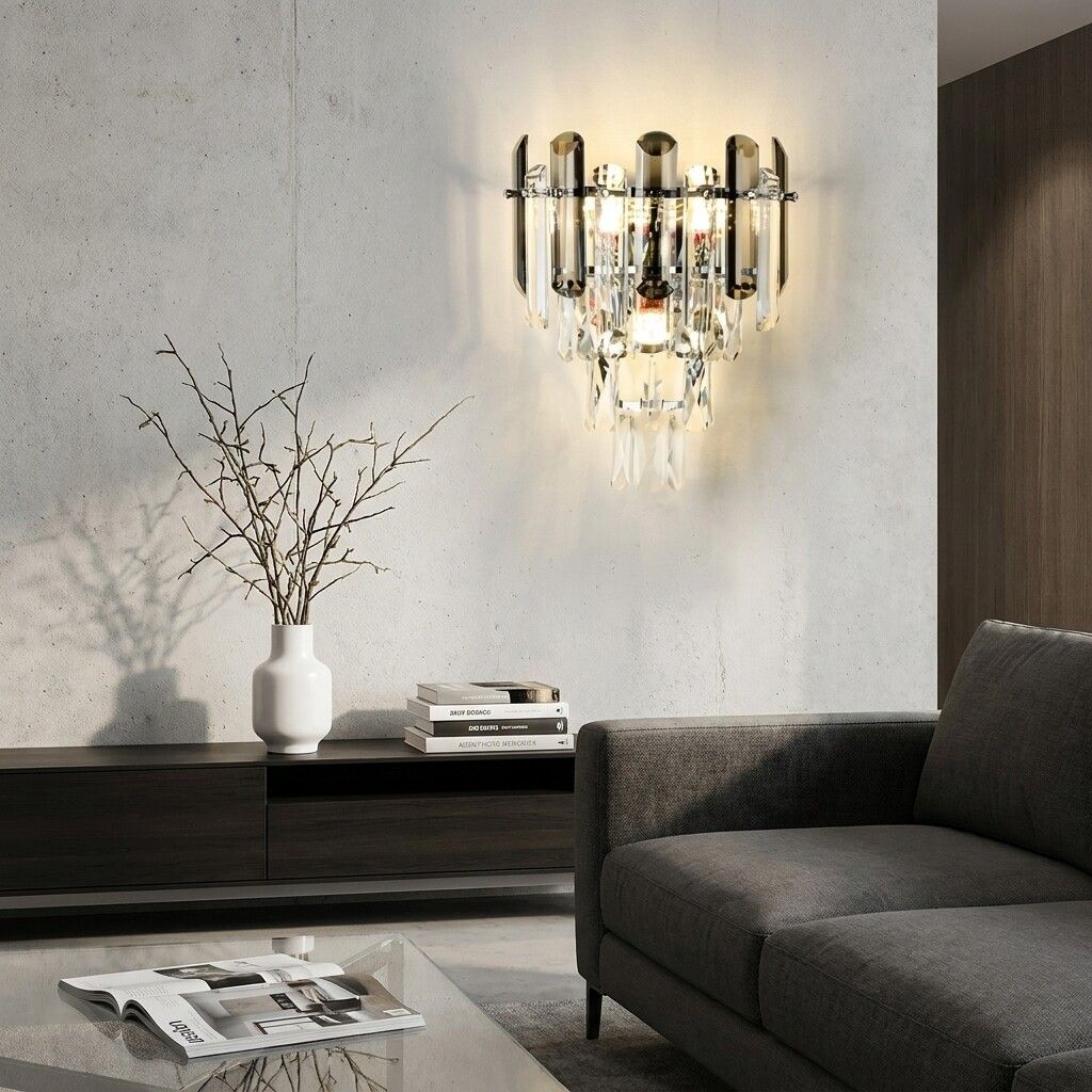 applique da parete vivalamp bd716 3 luci e14 in cristallo fumé e trasparente