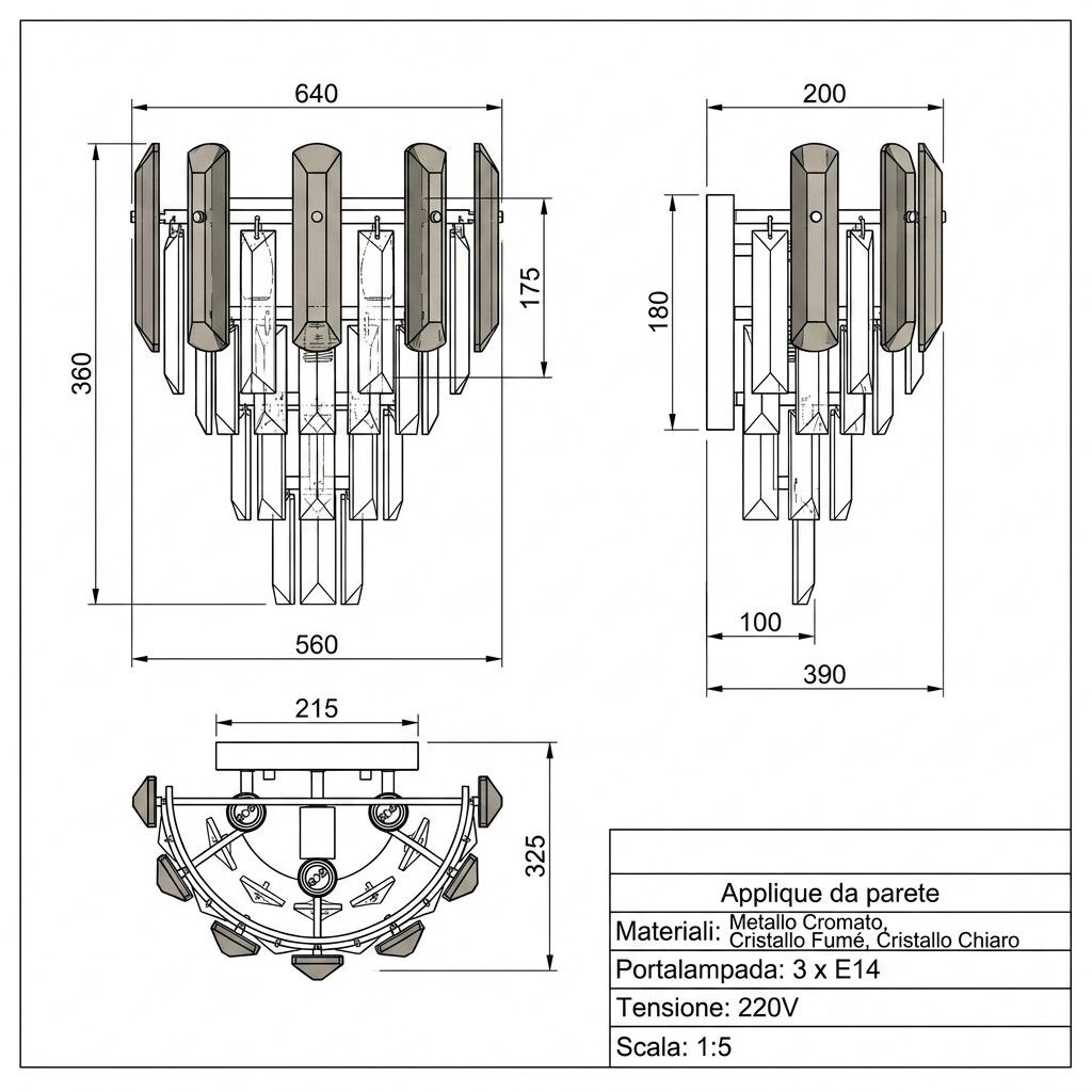applique da parete vivalamp bd716 3 luci e14 in cristallo fumé e trasparente - dettaglio 2